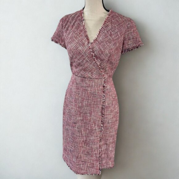 Banana Republic NWOT Tweed Wrap Dress - Size 2 - Pink Multi - Frayed Trim Casual - Picture 1 of 5